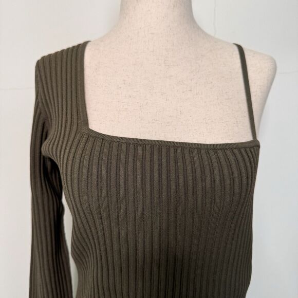 Helmet Lang Womens Top Cross Strap Rib Knit Cut Out Green Sleek Large NWT - Picture 2 of 12